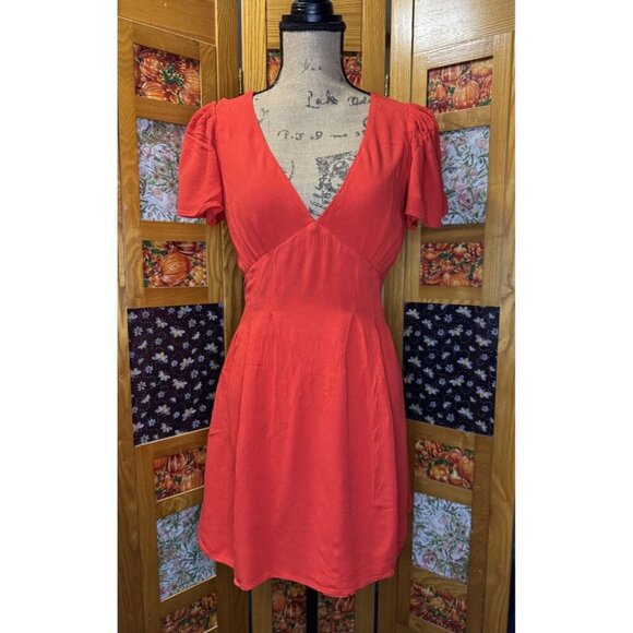 FOREVER 21 Deep Vneck Babydoll Mini Dress Flutter Sleeve Fit Flare Skater Y2k M - Picture 2 of 8